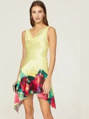 Nicholas Sherina Dress Floral Sleeveless Cowl Neck Asymmetrical Hem Yellow Red 2
